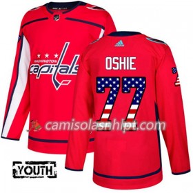 Camisola Washington Capitals T.J. Oshie 77 Adidas 2017-2018 Vermelho USA Flag Fashion Authentic - Criança